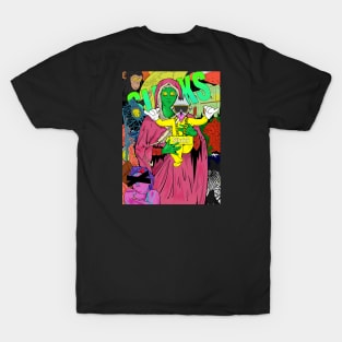 Dope Slluks chicken character chilling with virgin Mary montage colorful  illustration T-Shirt